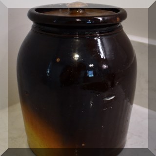 K54. Brown crock with lid. 8”h. - $16